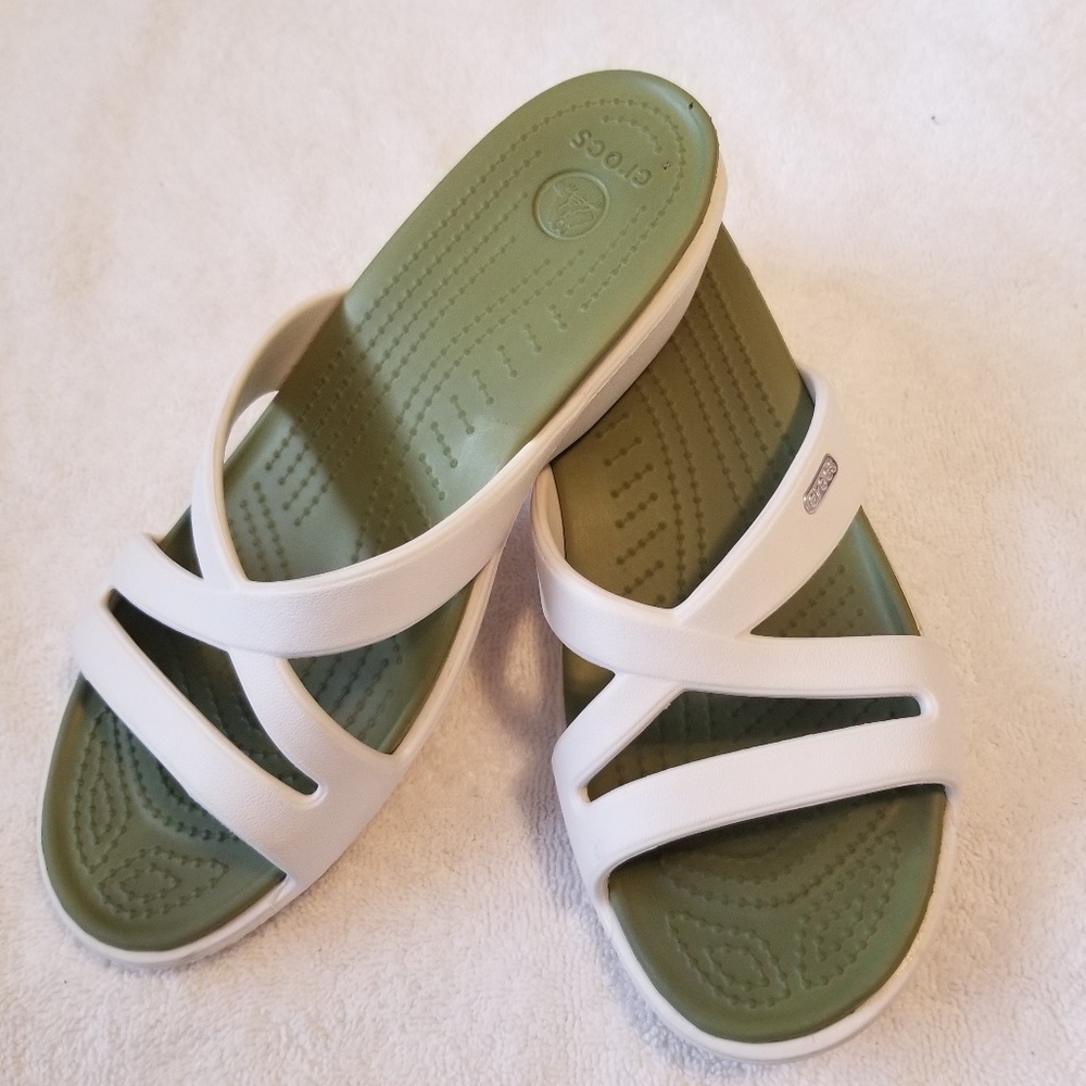 Ladies 9W white crocs sandals with 2" wedge heel
